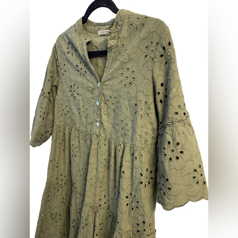 Valentina Naldi Olive Green Floral Eyelet Tiered Scalloped Cotton Dress Sz S - Picture 4 of 8